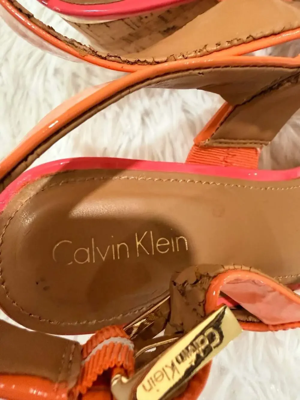 Calvin Klein Orange Patent Leather Cork Wedge Sandals